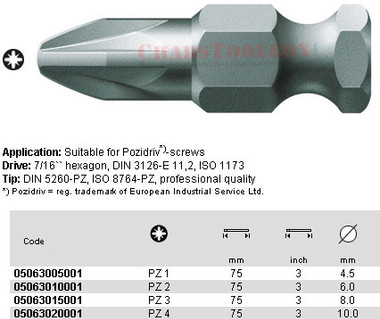 05063015001 WERA 855/7 PZ3 X 75MM 7/16" HEX DRIVEIVE BIT