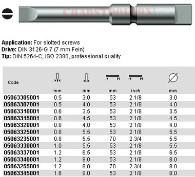 05063305001 WERA 800/8Z SLOT BIT 0.5 X 3.0 X 53MM, 7MM DRIVE