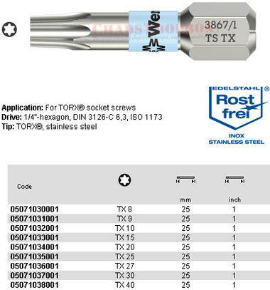 05071034001 WERA 3867/1TS TORX BIT STAINLESS TX20 X 25MM