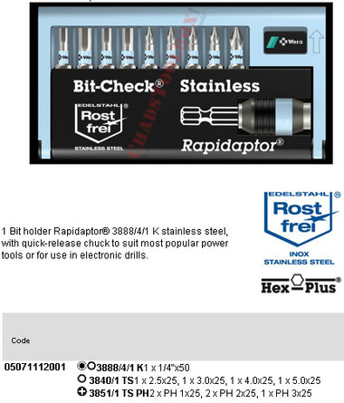 05071112001 WERA BC11/9 BIT-CHECK STAINLESS (HX/PH)