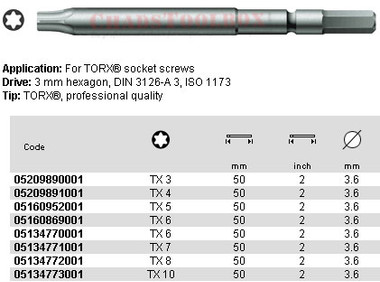 05134773001 WERA 867/00Z TORX BIT TX10 X 50MM, 3MM DRIVE