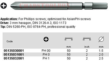 05135031001 WERA 851/00J PHILLIPSILLIPS BIT PHILLIPS0 X 50MM, 3MM DRIVE (ASIAN PHILLIPS)