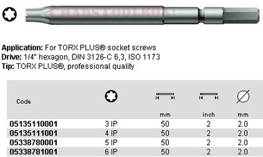 05135111001 WERA 867/00 TORX PLUS BIT IP4 X 50MM, 3MM DRIVE