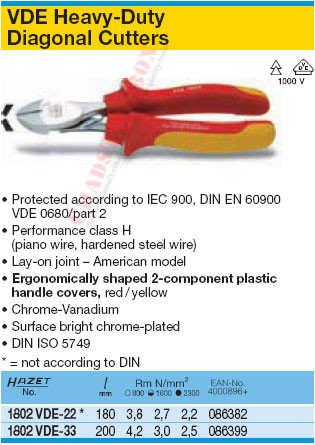 HAZET 1802VDE-22 DIAGONAL CUTTERS