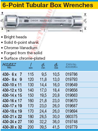HAZET 430-12X13 6-POINT TUBULAR BOX WRENCH