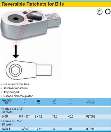 HAZET 6408-1 RATCHET HEAD FOR BITS