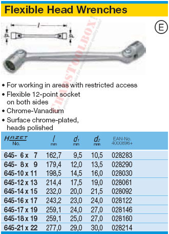HAZET 645-21X22 12-POINT FLEXIBLE HEAD WRENCH
