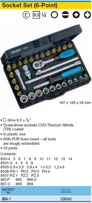 HAZET 854-1 6-POINT SOCKET SET - ChadsToolbox.com Inc