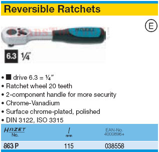 HAZET 863P REVERSIBLE RATCHET 6.3 (1/4")