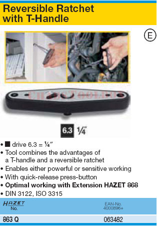 HAZET 863Q REVERSIBLE RATCHET WITH T-HANDLE 6,3 (1/4)