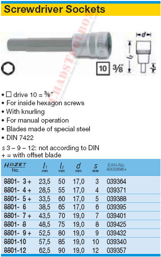 HAZET 8801-7 SCREWDRIVER SOCKET - ChadsToolbox.com Inc