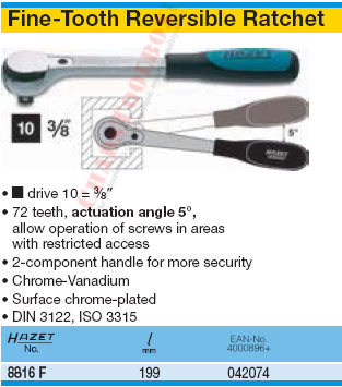HAZET 8816F FINE-TOOTH REVERSIBLE RATCHET 10 (3/8 HAZET 8816F FINE-TOOTH REVERSIBLE RATCHET 10 (3/8