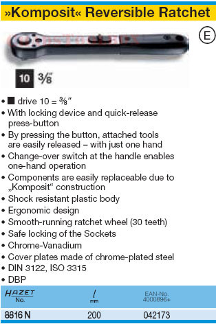 HAZET 8816N REVERSIBLE RATCHET 10 (3/8")