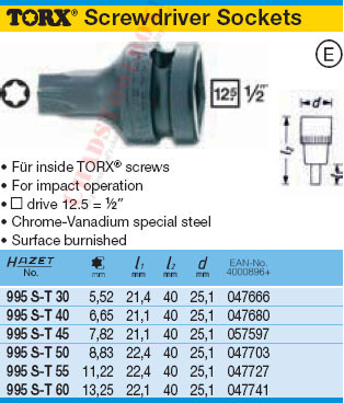 HAZET 995S-T55 TORX IMPACT SCREWDRIVER BITS