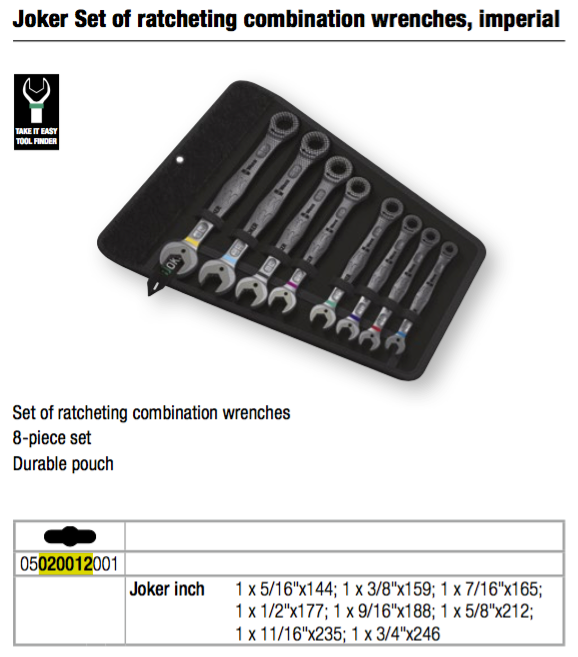 Wera Joker 05020012001 Ratcheting Spanner Wrench Set Imperial 5/16 > 3/4  8 Pce 