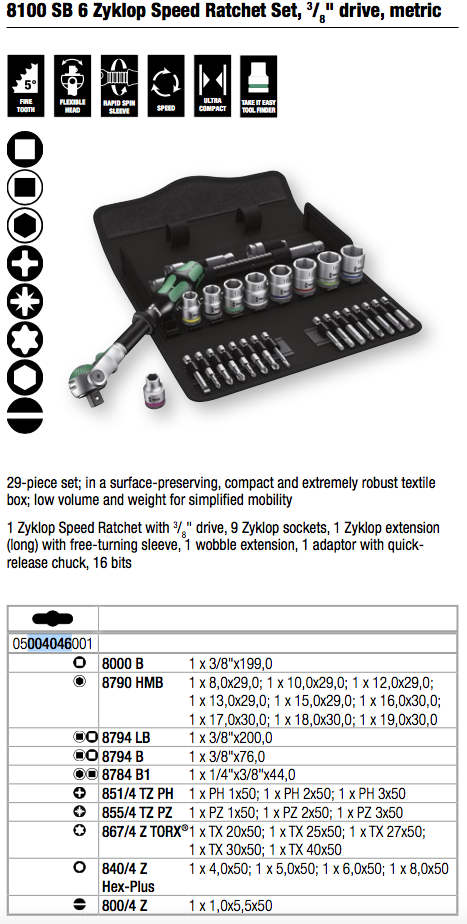 Wera Zyklop 8100 SB 4 3/8-Inch SAE Ratchet Set, 38-Piece by Wera Wera 005530 8100 SB 12 Zyklop Comfort Ratchet Set, Reversible, 3&frasl;8