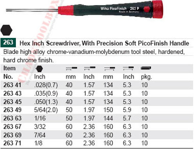 WIHA 26345 PicoFinish Precision Hex 1.3 X 40mm(.050)