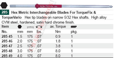 WIHA 28547 Hex Metric Torque Blades 2.5mm