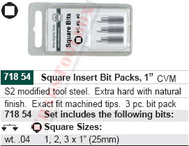 WIHA 71854 Square #1, 2, & 3 X 25mm 3 Bit Pack