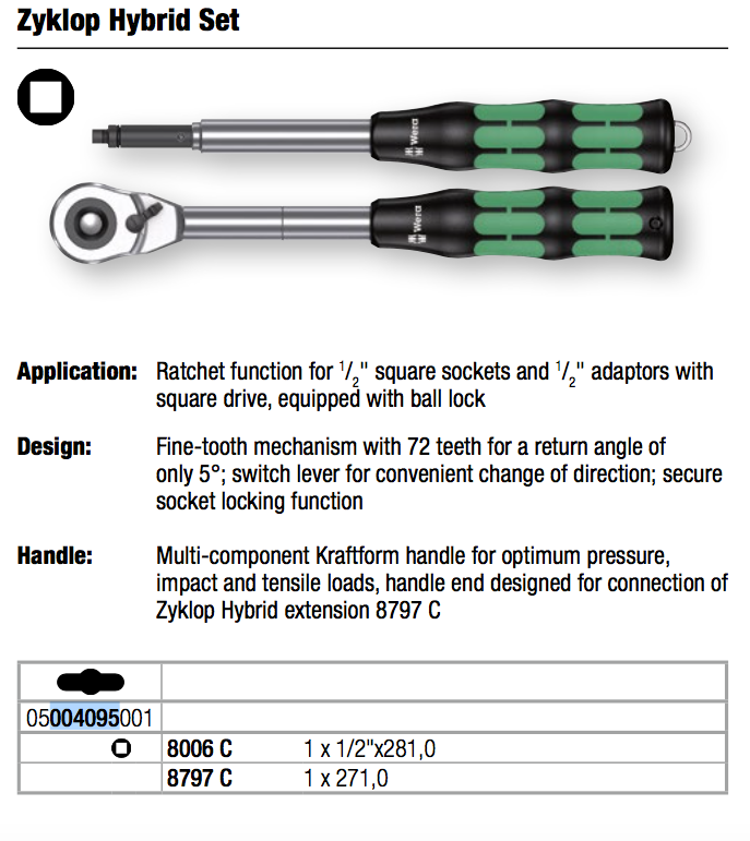 1/2" DRIVE ZYKLOP HYBRID RATCHET AND EXTENSION ZYKLOP FROM WERA TOOLS 8006C 8797 