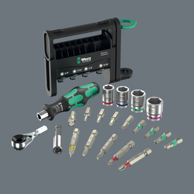 21-piece tool set. With bitholding screwdriver for 1/4" hex drive bits, bit ratchet for 1/4" hex drive bits, bit holder for mechanical screwdriving, 13 bits, adapter 870/1 (1/4" external hexagon to 1/4" external square head) for 1/4" sockets, 1/4" Zyklop 8790 HMA sockets.