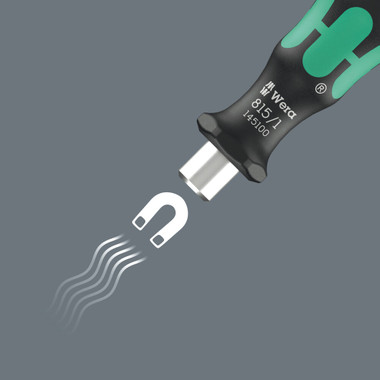The bit holder is suitable for bits with 1/4" external hexagon drive as per DIN ISO 1173-C 6.3 and E 6.3 as well as Wera connection series 1 and 4.