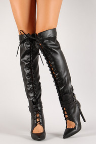 Lace Up Pointy Toe Stiletto Thigh High Boot