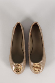 Quilted Leatherette Emblem Round Toe Ballet Flat