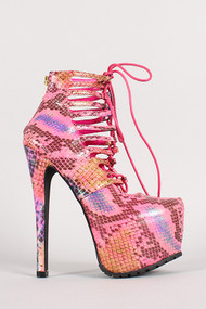 Multicolor Snake Lace Up Caged Platform Bootie