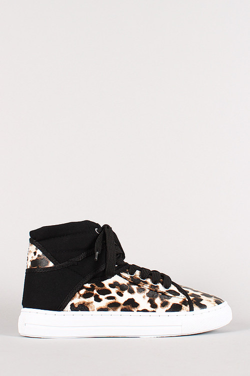 leopard lace up round toe flat sneakers