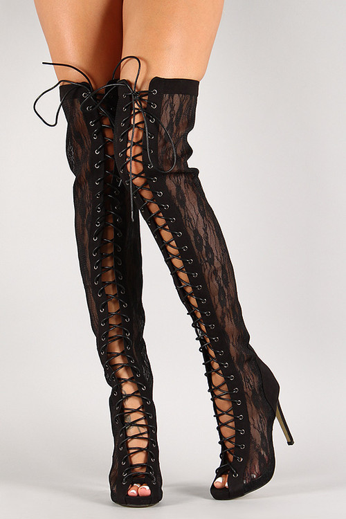 Semi Sheer Lace Up Thigh High Boot - FashionBoutique2002