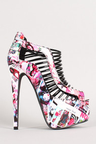 Magazine Print Strappy Peep Toe Platform Heel