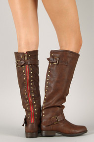 Contrast Zipper Studded Riding Knee High Boot