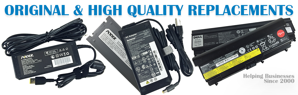 This image contains a variety of laptop batteries and laptop ac adapters along with the header original and replacement to show that Notebook Avenue not only carries replcaement batteries, but new, OEM, and original as well.