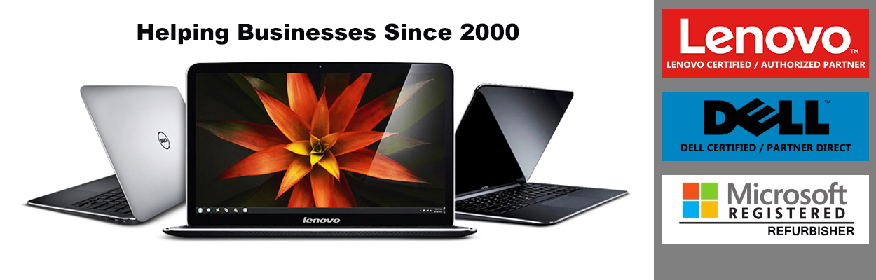 The image shows a variety of laptops that Notebook Avenue carries as well as the statement, "Helping Businesses Since 2000" to showcase our experience as indicated by out Lenovo Certified, Dell Certified, and Microsoft Registered Refurbisher status.