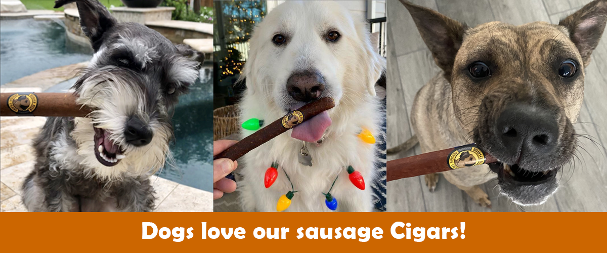 Photo collage of 3 dogs with sausage cigar treats in their mouths and a brown banner at the bottom with "Dogs love our sausage Cigars" in white text