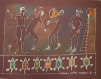 Montebravo (José Garcia Montebravo)  "Bailarinas con jicotes," 2002. Mixed media on paper.  19.5" x 25.5" #2628.