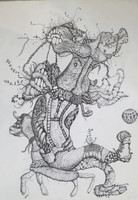 Alberto Migoya,                          "El viejo," 1998. Pen and ink on paper.                                  13” x 9.5”           #6675