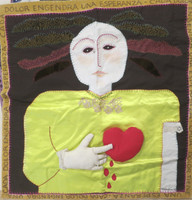 Alejandrina Cue #6718. "Dolor engendra," N.D. Mixed media fabric collage.29.5 x 29 inches