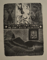 Leonel Lopez-Nussa  #3778. "Si cocinas como caminas me como hasta la raspitas," 1979. Etching print edition 10/20.  14.25 x 11 inches.