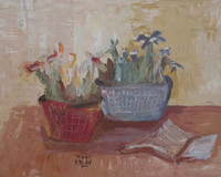 Sandra Dooley #3980. "Flores," 2005. Oil on pressed board. 8 x 9.5 inches.  SOLD!
