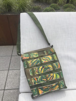 Adrian Rumbaut #424B. Hand painted canvas and faux leather bag. Dimensions 14.5" x 11.5" 2" gusset. 33" from top of strap to bottom of bag, adjustable strap. 