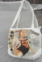 Canvas bag by Sandra Dooley #424D. Hand painted double sided tote bag. Dimensions 11" x 14" x 4" gusset. 24" from top of strap to bottom of bag.