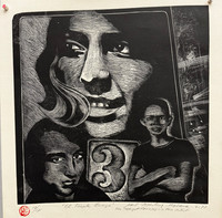 Raúl Martínez, "El triple fuego,"1977. Linocut print edition 12 of 12.                                                     15” x 14”                             #5484