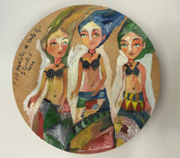 Sandra Dooley,  "Las Bañistas de Santa Fe," c2016. Acrylic on wood plate. 9" diameter   #5557
