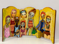 Sandra Dooley,                 "Bañistas," 2023. Mixed media/ acrylic on wood screen.       16" x 29"        #5792B