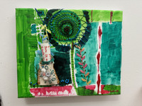 Zegansaheil (Yurién López Reyes),   "Kibbutz Be'eri,"  2023. Mixed media:  acrylic, embroidery and paper on canvas.                                                                                                      10” x 12”      #5308B