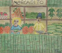 Ronald Cabrales,                                                                          "Mercadito," 2016. Colored pencil on canvas.                                9” x 11”                                        #5882H