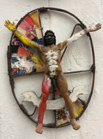 William Perez, "Todos los suenos llevan al hombre," N.D. Mixed media: wood on steel and fabric.  13” diameter  (SL)