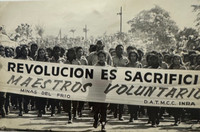 Lee Lockwood, 26th of July celebration, student teachers marching, Las Mercedes, Cuba, 1960. Silver gelatin print.    11" × 14"